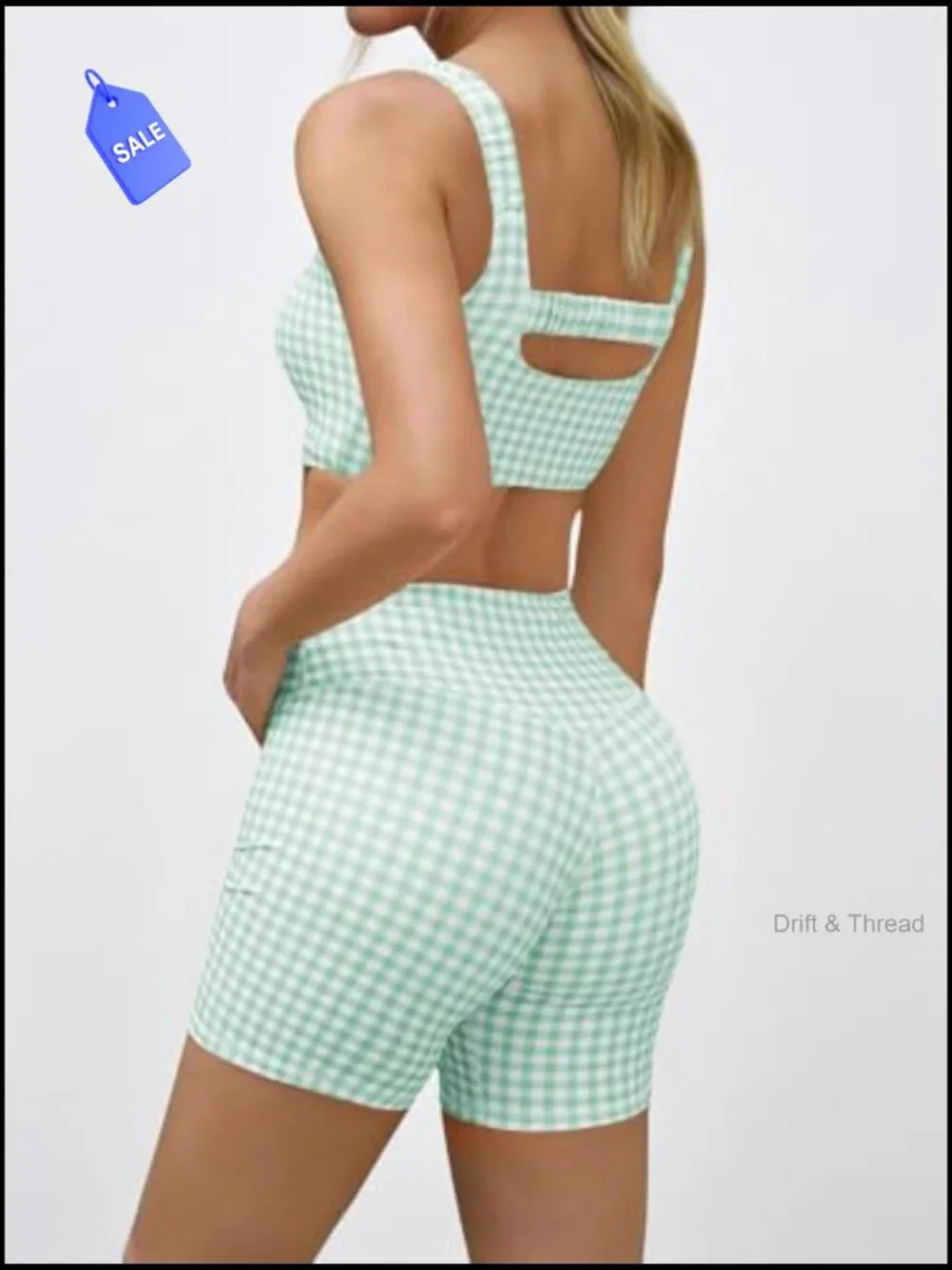 Gingham 2 Piece Outfit Padded Crop Tank High Waist Sports Shorts Set - Picture 4 of 7